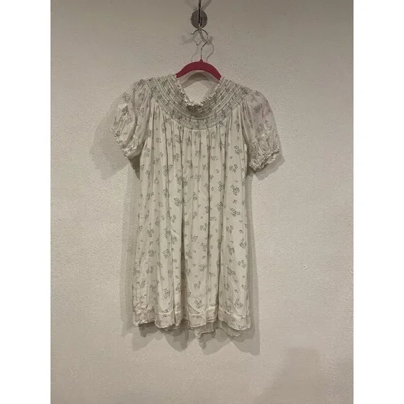 Hatch Leona Dress Womens Small Cream Green Floral Puff Sleeve Smocked Babydoll - Picture 3 of 6